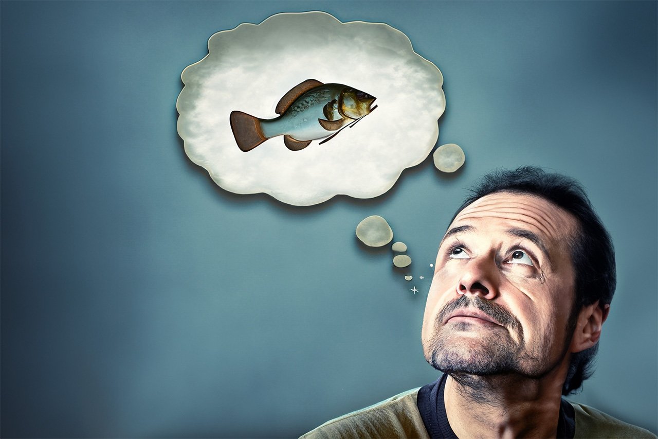 Illustration of man looking longingly at a thought bubble containing a big fish