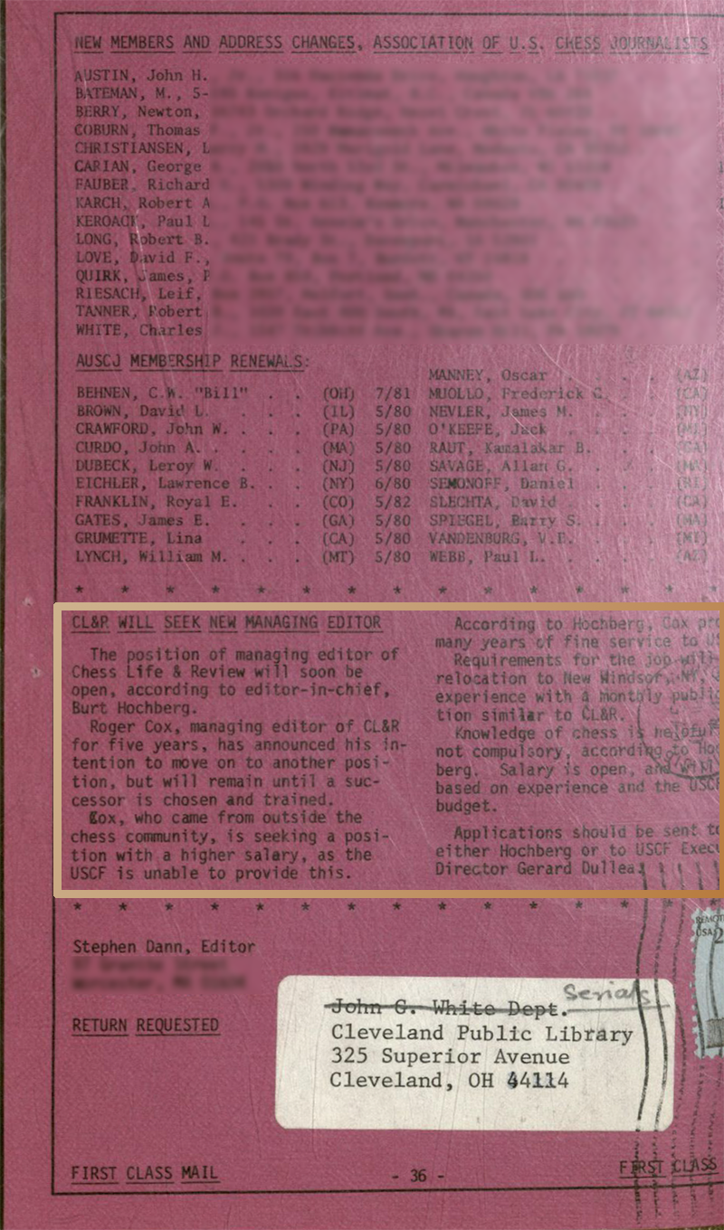 Chess Journalist Newsletter Summer 1979