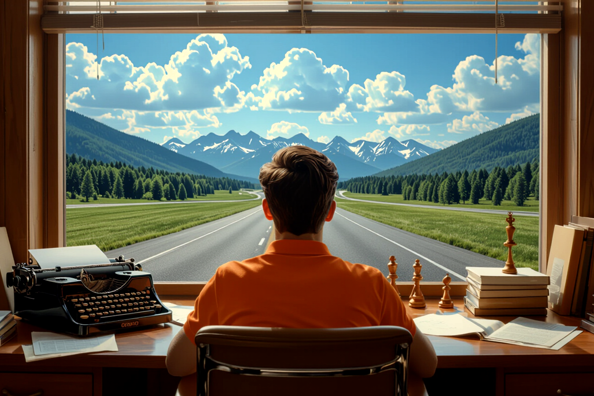 A young man at a desk, typewriter on one side, chess pieces on another, staring out the window toward a road leading to the mountains